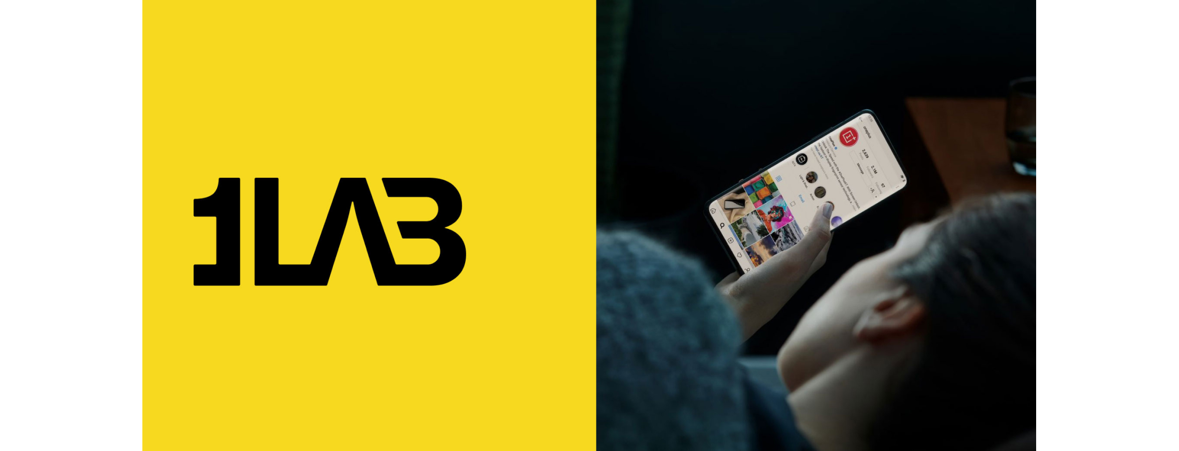 OneLab Logo and a Man Uses Smartphone Browsing OnePlus Social Media Account